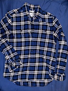 GAP Men's Blue, Black & White Plaid Button-Down Shirt